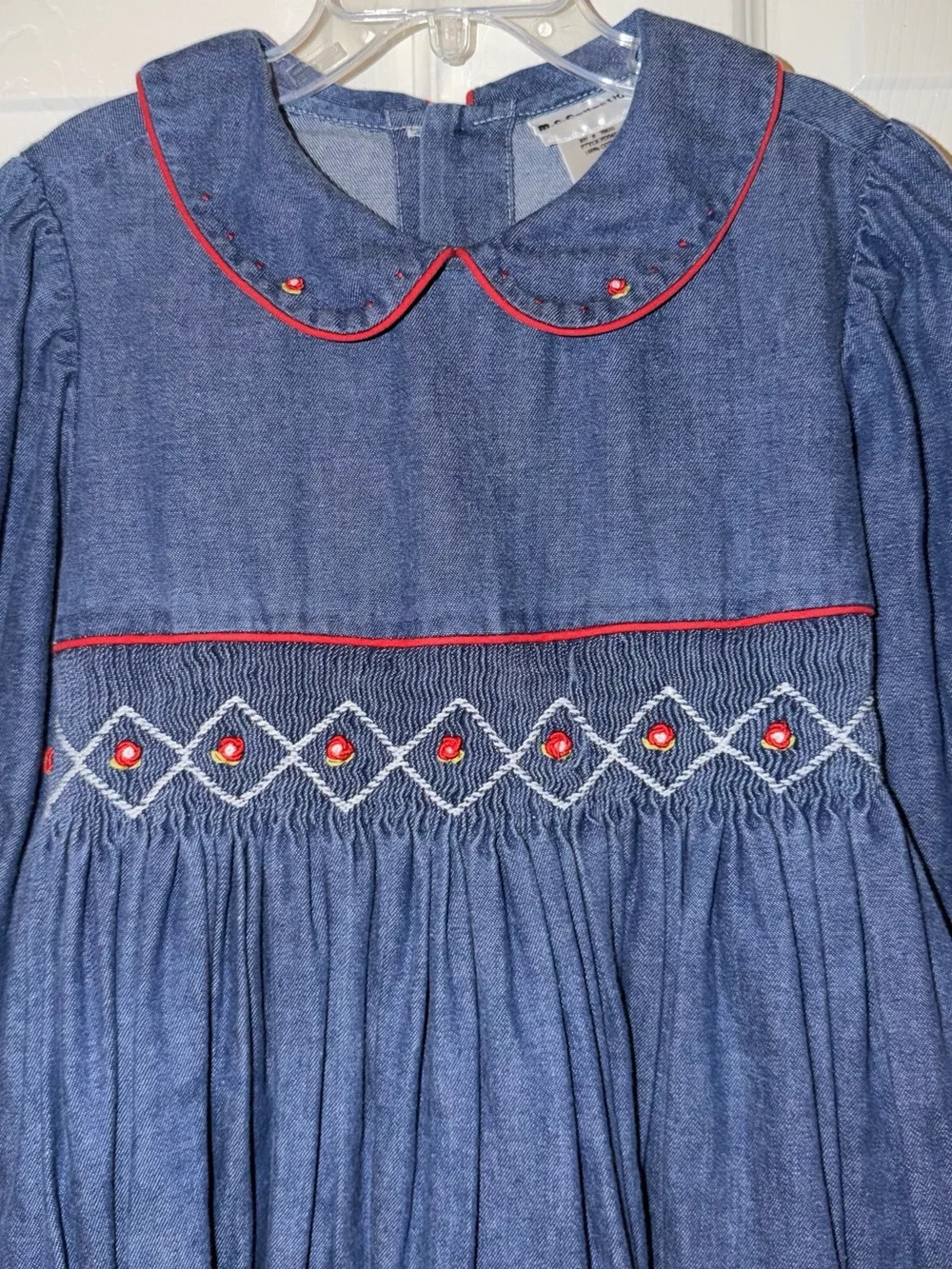 M.C. Collection Girls Size 6 Smocked Chambray Denim Dress Red Trim